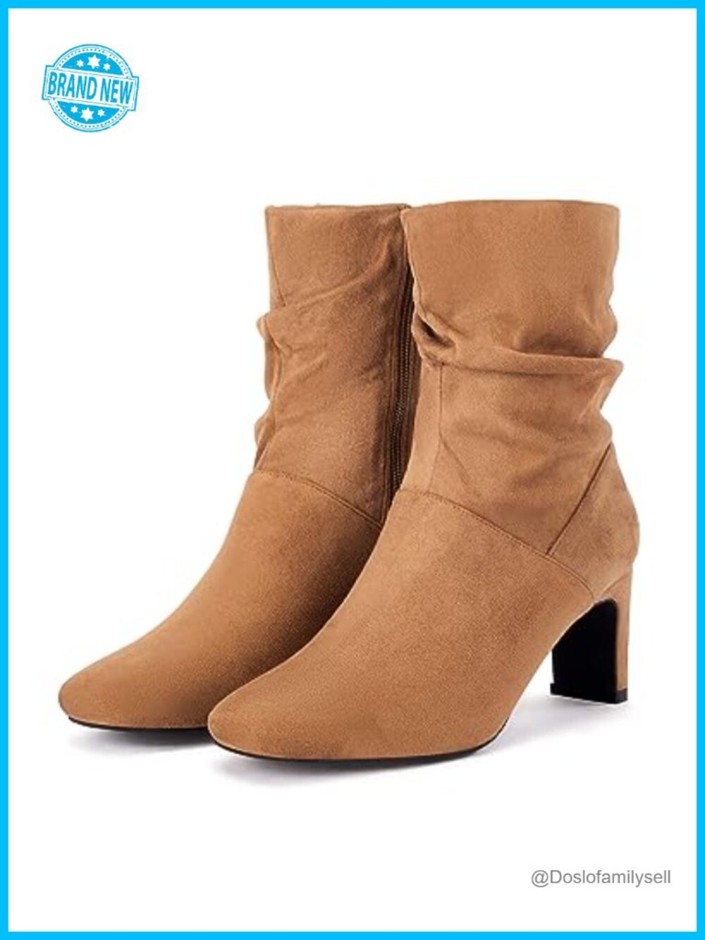 Slouch Mid Calf Boots Chunky Heel Square Toe Zip Up Faux Suede